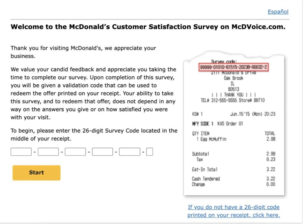 McDVoice Receipt Code
